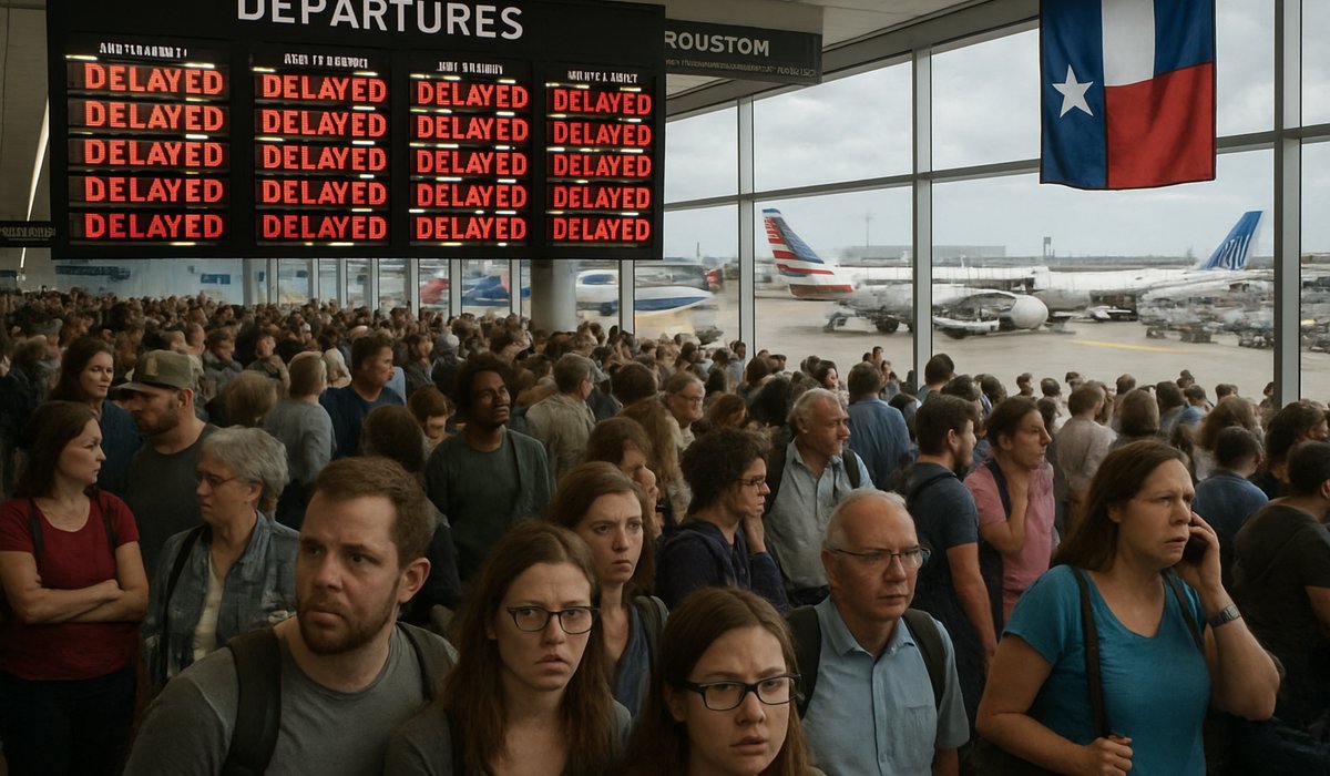 Dallas Fort Worth International Airport packed with stranded passengers and departure boards showing 395 flight delays across Texas airports