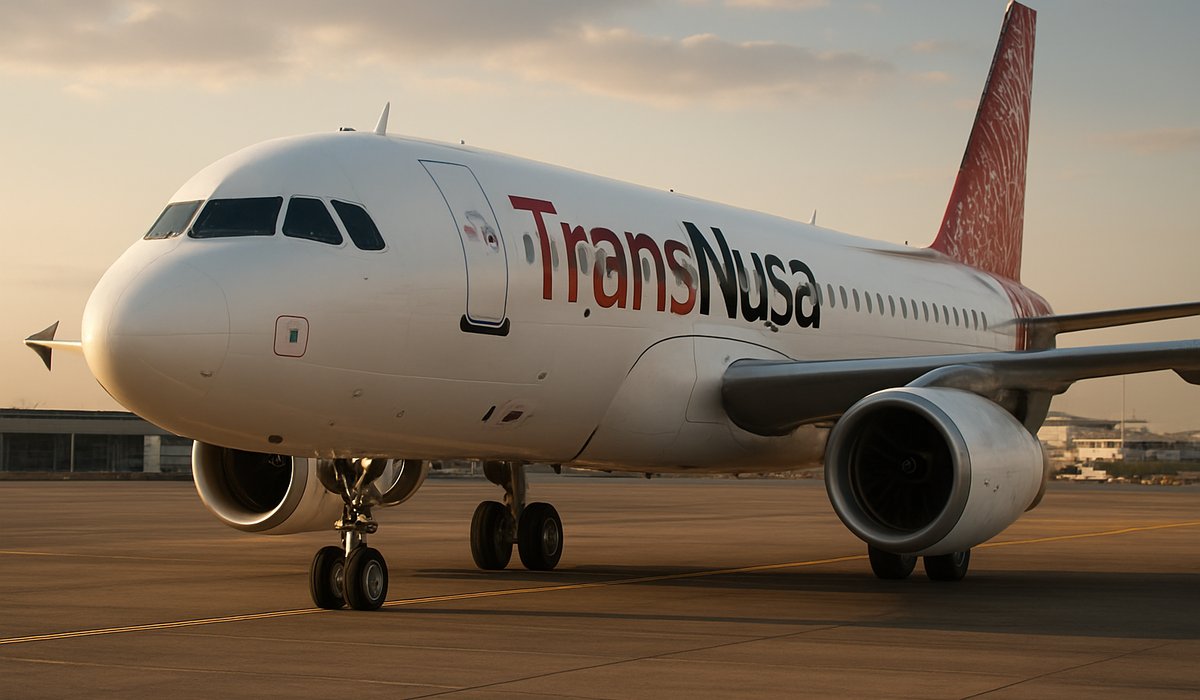 A visually stunning, hyper-saturated photograph of a modern TransNusa jet soaring effortlessly over the incredibly turquoise, crystal-clear coastal waters of Lombok with Mount Rinjani in the distance
