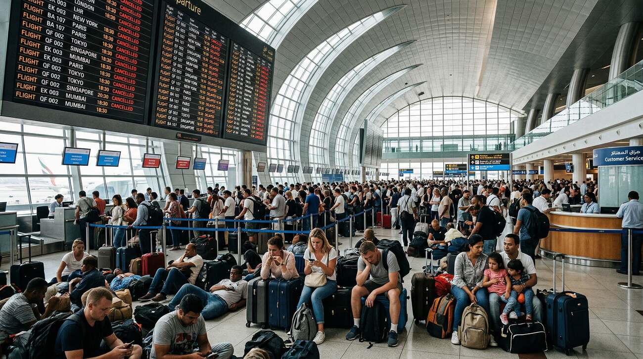 Crowded Dubai International Airport amid flight disruptions