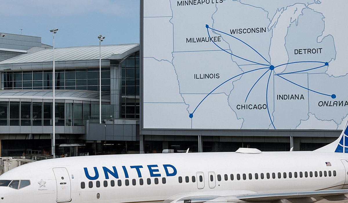 United Airlines aircraft at Chicago O'Hare terminal with regional route connections displayed