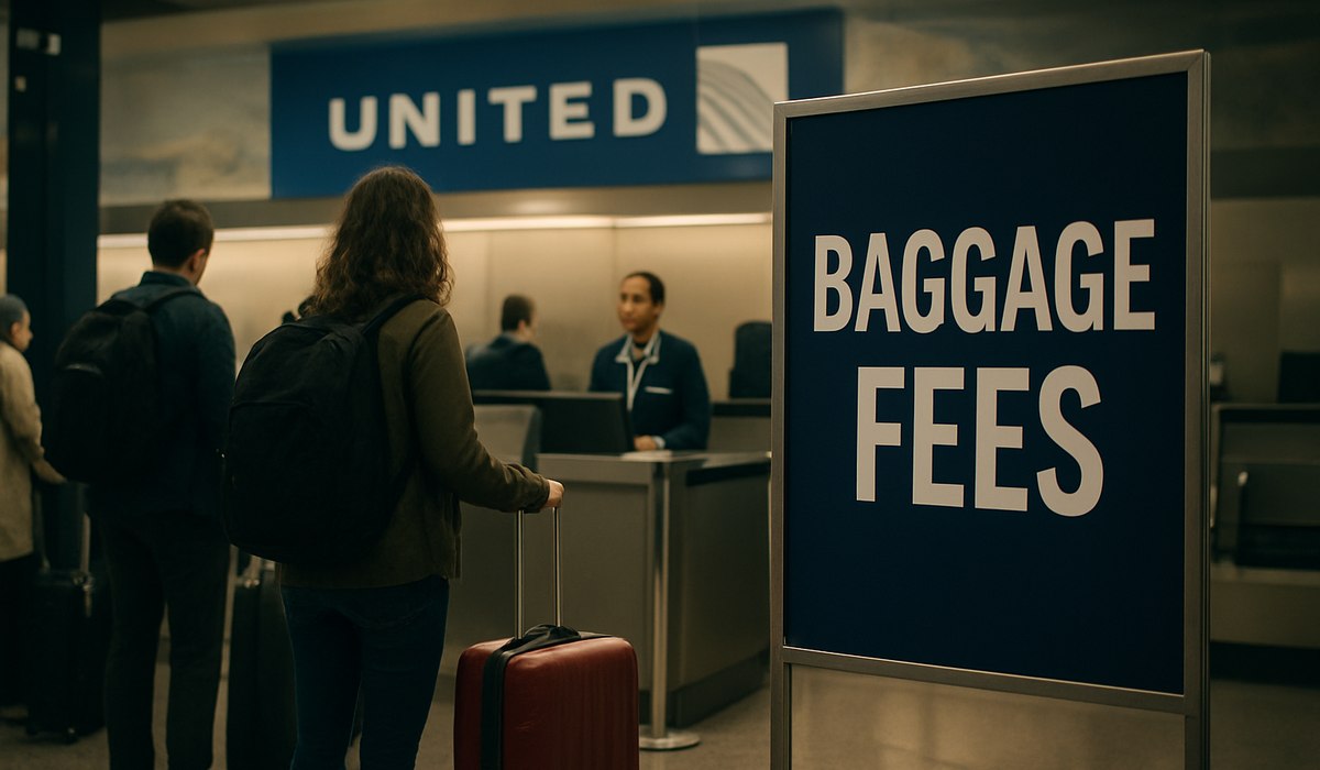 Passenger checking in luggage at United Airlines counter at US airport