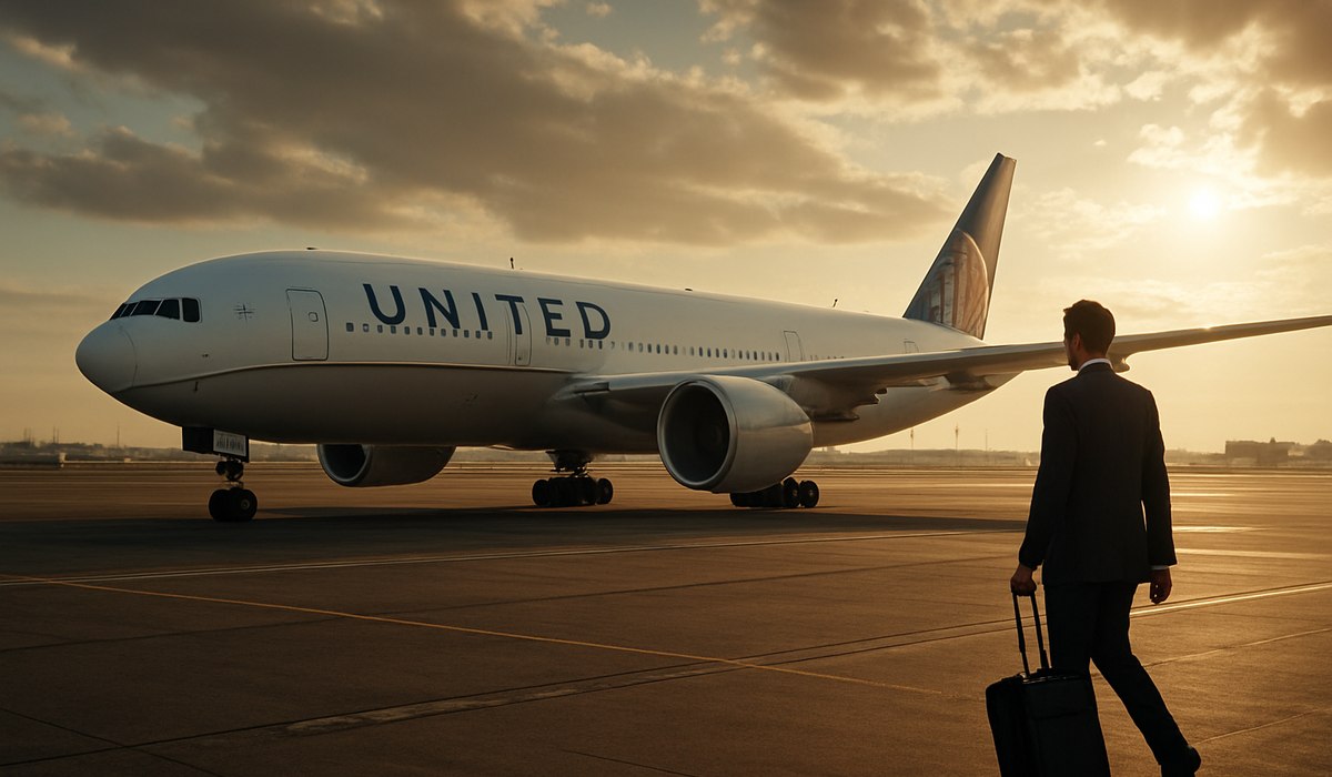 United Airlines Boeing aircraft at gate with passengers boarding