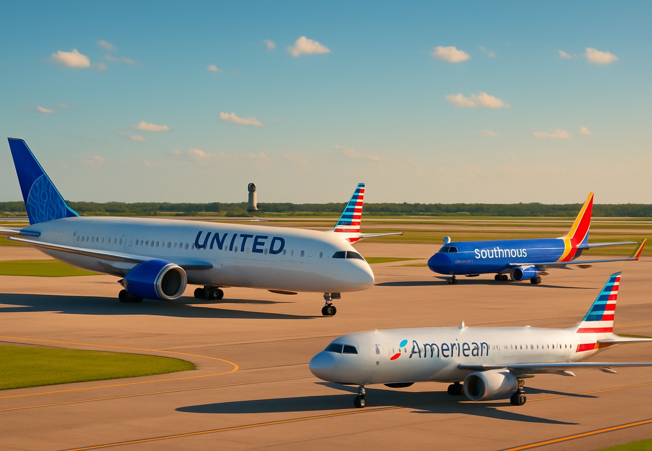 Composite image showing United Airlines and American Airlines aircraft with aviation industry analysis charts