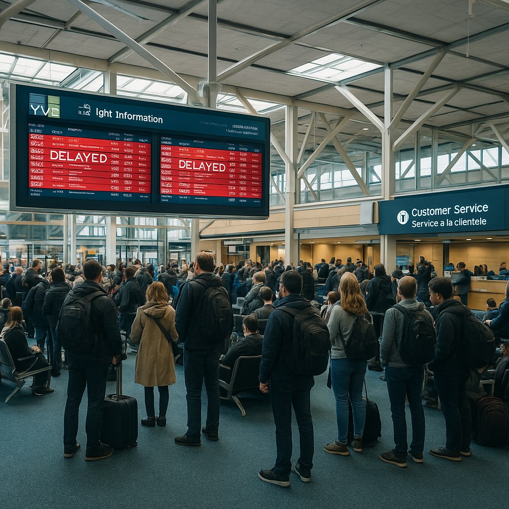 Vancouver International Airport terminal with passenger congestion and delayed flight information displays