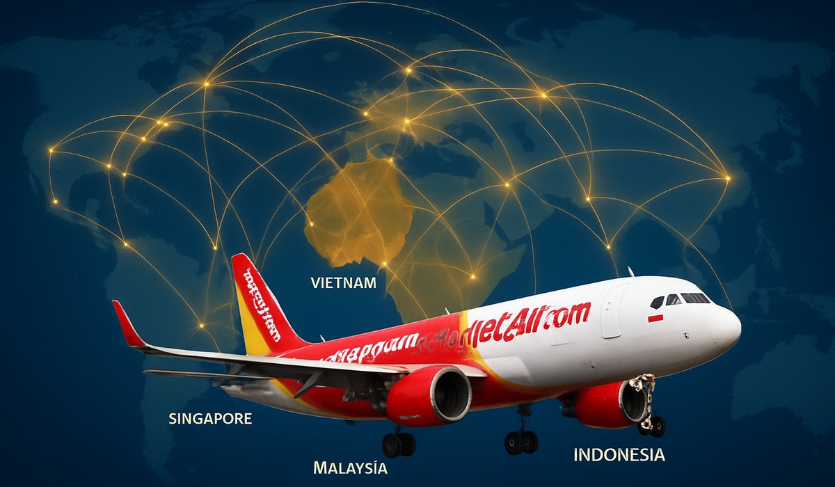 Vietjet aircraft with world map showing Vietnam, Singapore, Malaysia, Indonesia, Thailand connections and loyalty rewards visualization