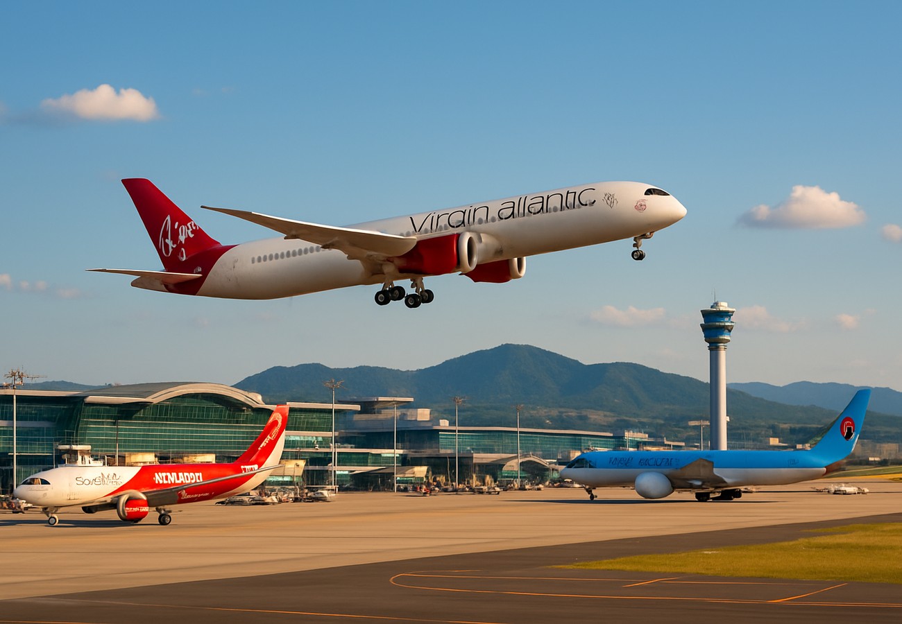 Composite image showing Virgin Atlantic aircraft, airport disruption boards, and Qatar Airways repatriation operations