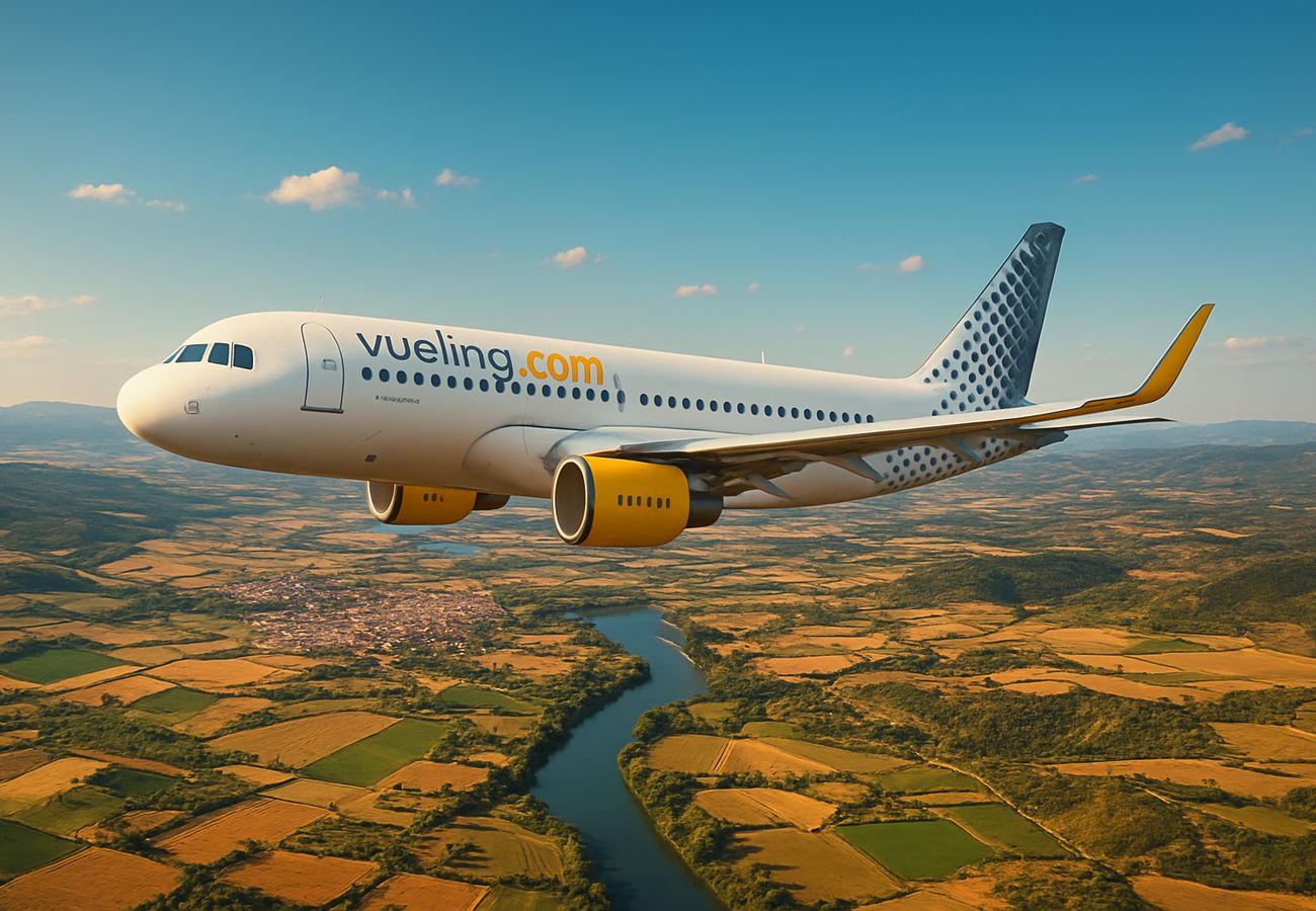 Vueling Airlines cabin with passenger using personal device to access free onboard entertainment system