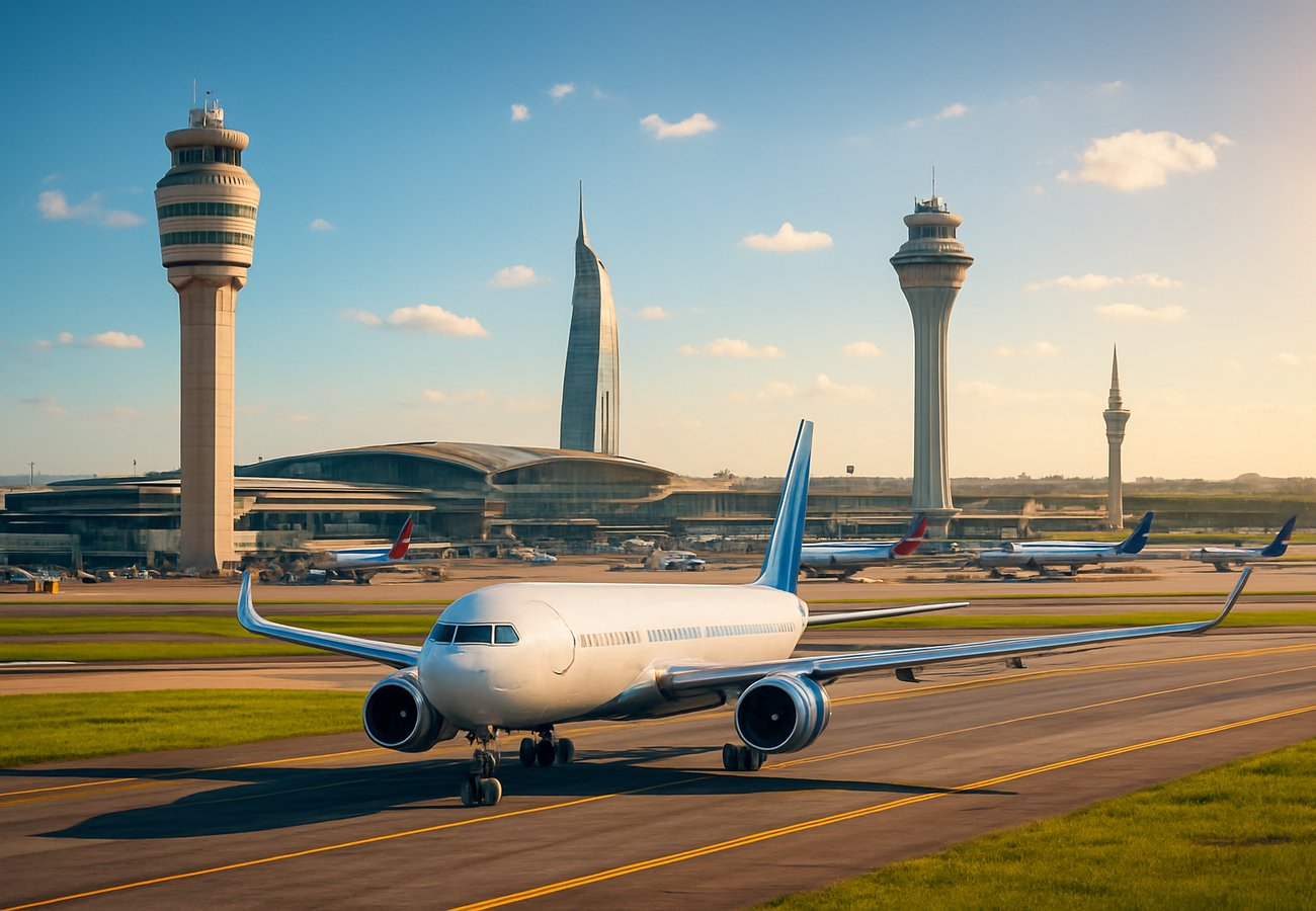 Aerial view of Hartsfield-Jackson Atlanta International Airport terminal with aircraft gates and passenger boarding areas