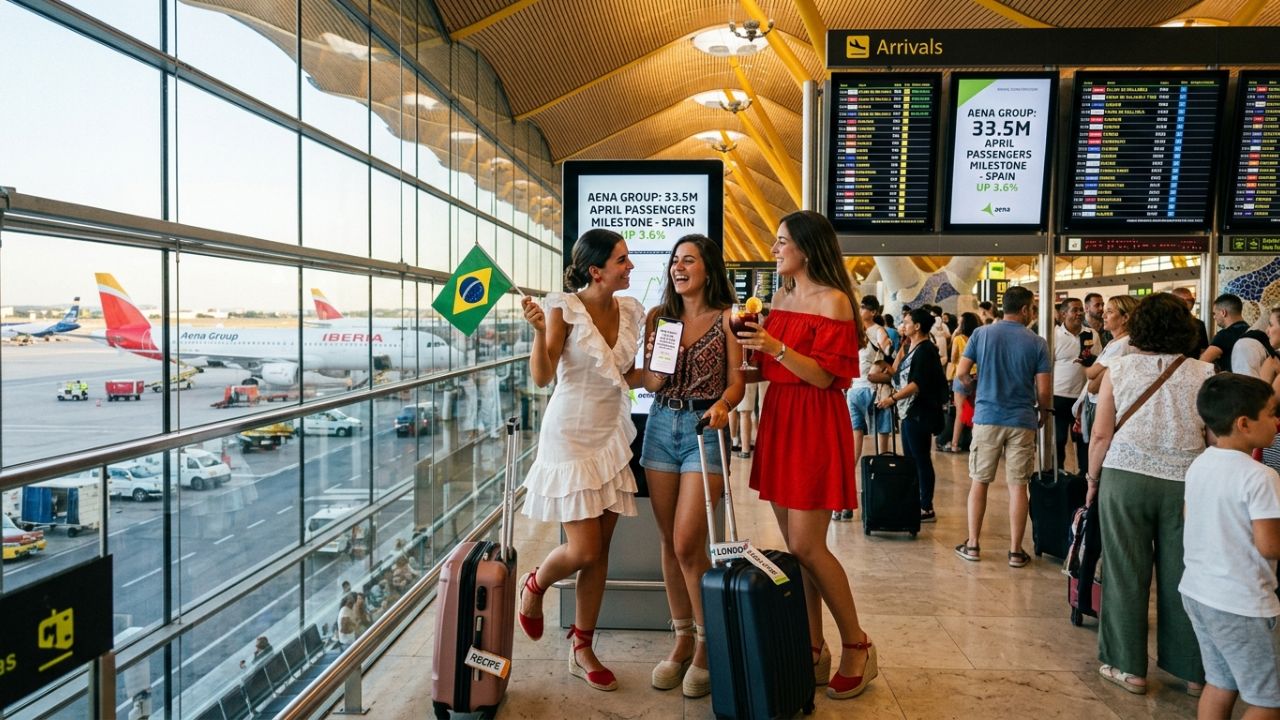 A vibrant, sunlit airport terminal with travelers walking toward departure gates, representing the massive growth in global air travel.