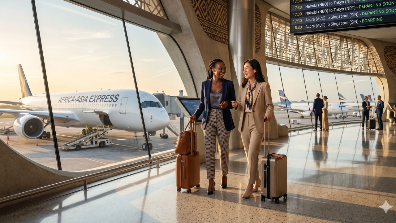A majestic wide-body aircraft soaring across the sunrise over the African continent, symbolizing the massive surge in aviation connectivity linking Africa directly to Asia.