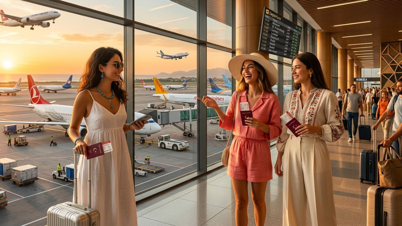 A highly chaotic scene at Antalya Airport showing desperate tourists staring at departure boards displaying severe flight cancellations after Air Anka charter operations to Russia were forcefully blocked