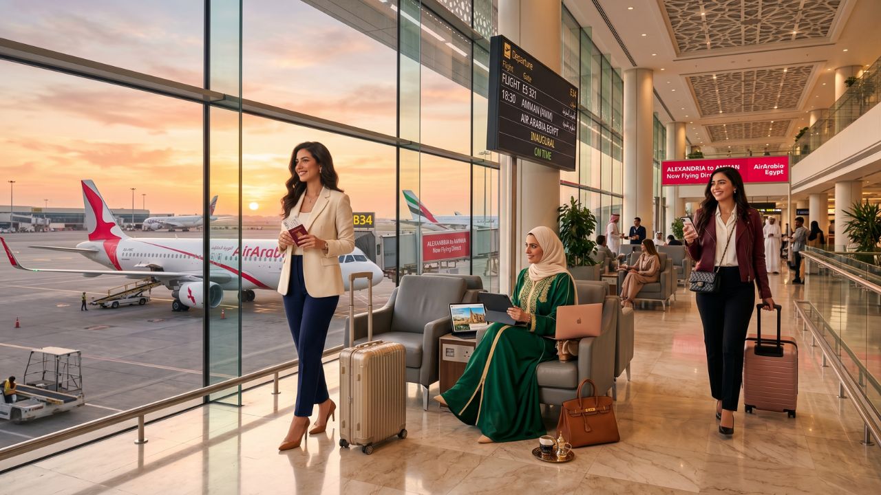 An Air Arabia Egypt narrow-body jet flying smoothly between Alexandria and Amman, bypassing the massive travel chaos typically associated with congested Middle Eastern transit hubs