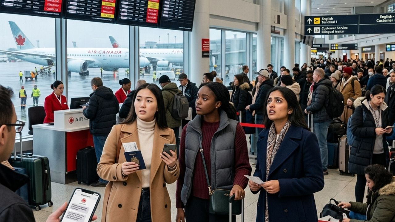 A highly chaotic scene inside Toronto Pearson International Airport showing massive crowds of stranded Air Canada passengers attempting to rebook flights following severe weekend cancellations