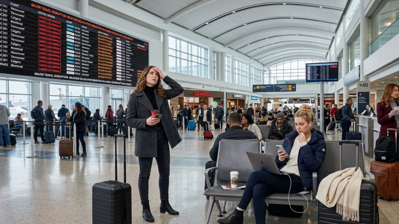 A highly congested Toronto Pearson International Airport terminal experiencing severe passenger bottlenecks and massive travel chaos due to widespread flight cancellations
