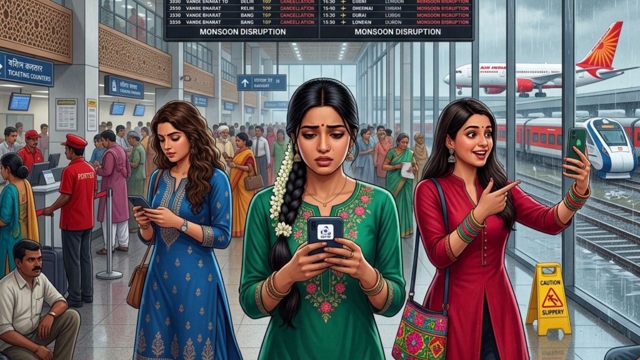 A highly chaotic scene inside a massive Indian transit hub showing massive crowds of stranded passengers staring at a sea of red cancelled flight and train statuses on the departure boards