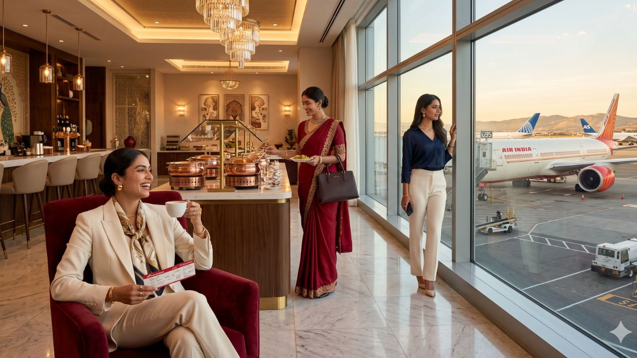 Elegant interiors of the newly opened Air India Maharaja Lounge at SFO airport showing authentic Indian motifs and premium dining areas