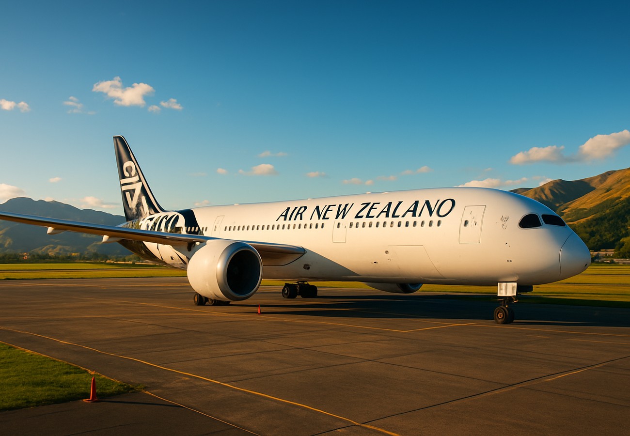 Air New Zealand aircraft flying over New Zealand mountains
