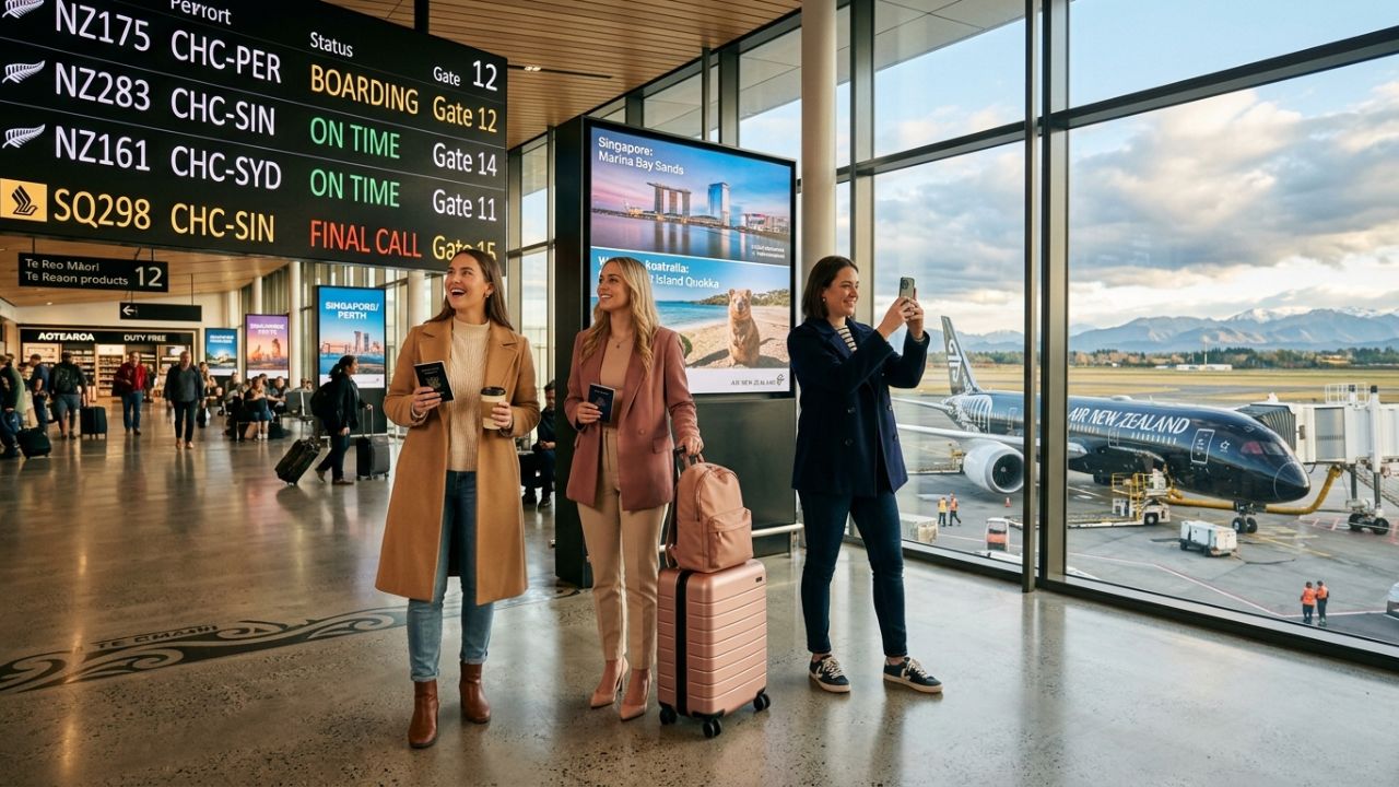 An Air New Zealand aircraft landing at Christchurch Airport terminal, representing new route expansions to Perth and Singapore