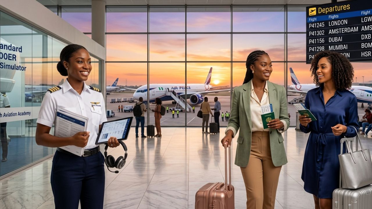 A highly trained Air Peace pilot commanding a Boeing 737 NG, physically shielding passengers from severe travel chaos and operational disruptions across Africa