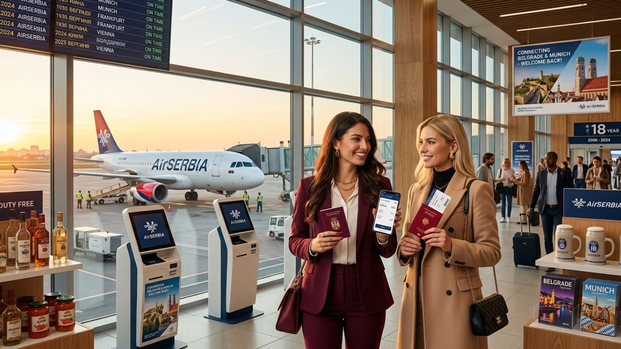 A highly dynamic scene at Munich Airport showing an Air Serbia aircraft preparing for a direct departure to Belgrade amidst ongoing regional travel chaos and terminal disruptions at legacy transit hubs