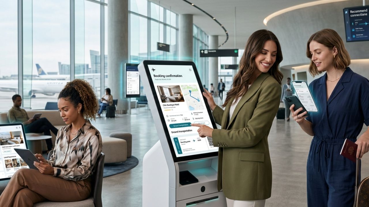 A frustrated traveler using the new Airbnb AI super-app to book emergency boutique hotel accommodations and an airport transfer amidst chaotic terminal disruptions