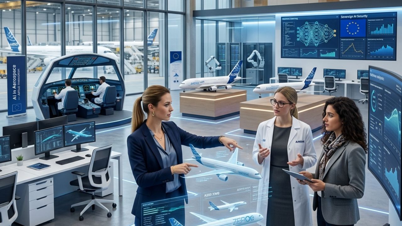 A highly sophisticated digital rendering of an Airbus commercial jet interwoven with glowing artificial intelligence data nodes and secure sovereign cloud network graphics