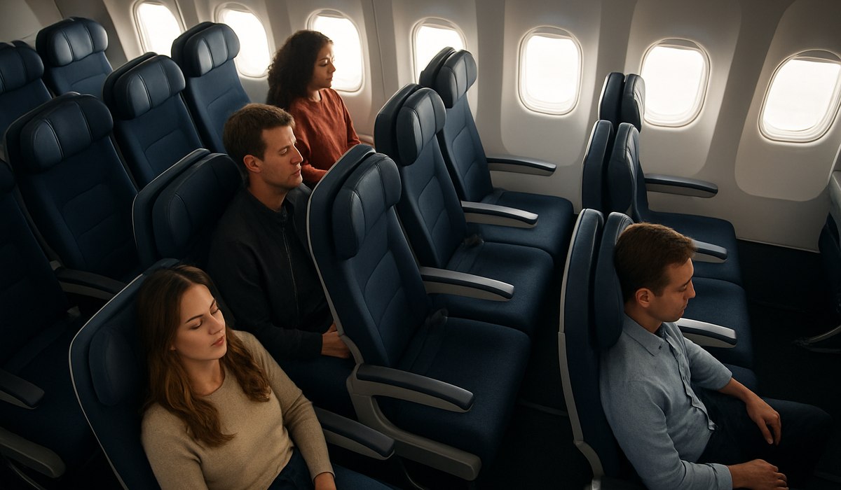 Modern economy class aircraft cabin with ergonomic seats and interactive screens, 2026