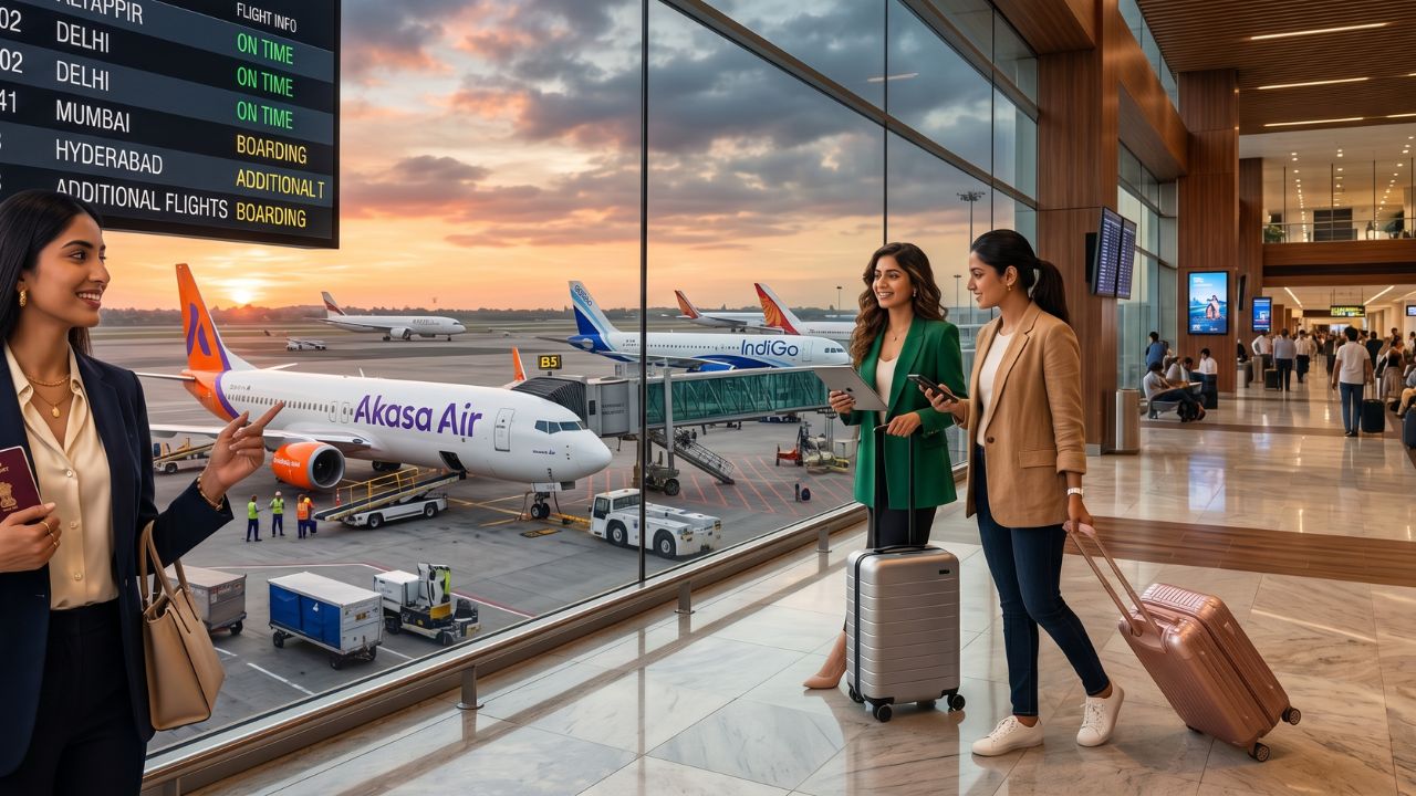 An Akasa Air Boeing 737 MAX taking off, heavily utilized by passengers bypassing severe travel chaos and massive international flight cancellations in India