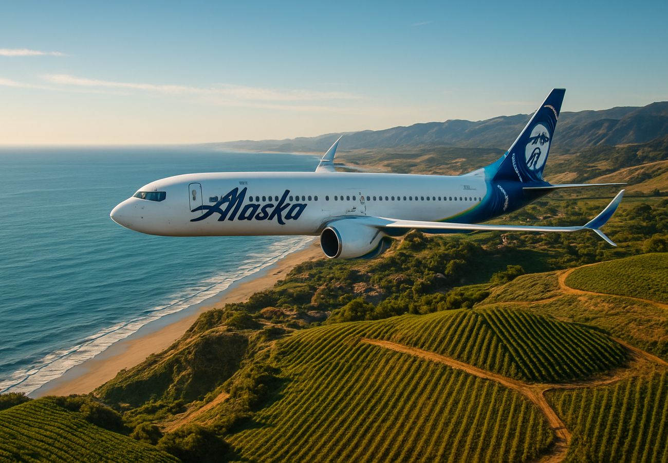 A high-tech, interior shot of an Alaska Airlines Boeing 737 cabin during a flight between Seattle and Long Beach, showing a passenger using a tablet with the Starlink Wi-Fi logo visible on the screen, while the window view shows the California coastline and a glass of wine is visible on the tray table as a nod to the 'Wine Flies Free' program