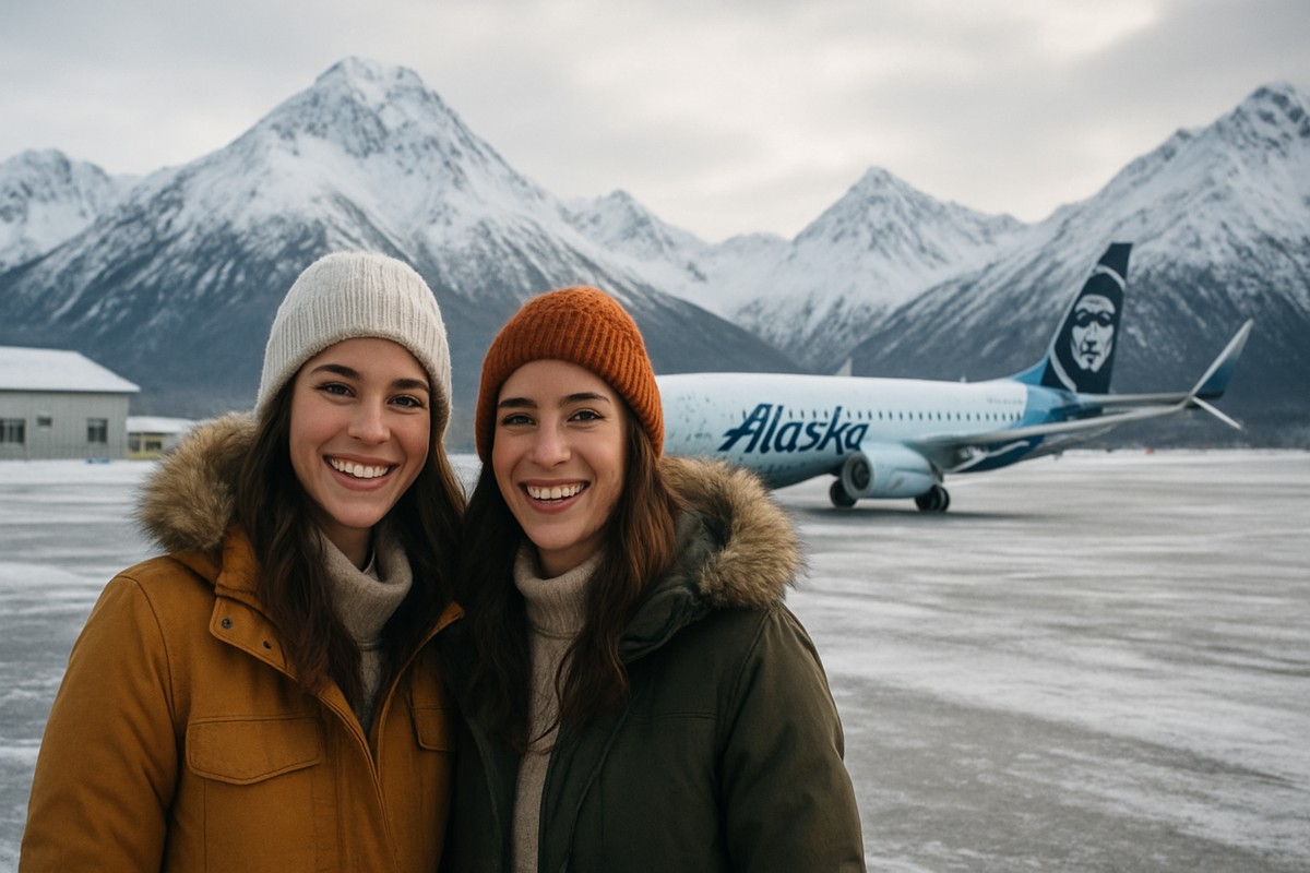 Alaska Airlines Boeing 737 aircraft at Ted Stevens Anchorage International Airport with Arctic landscape in background