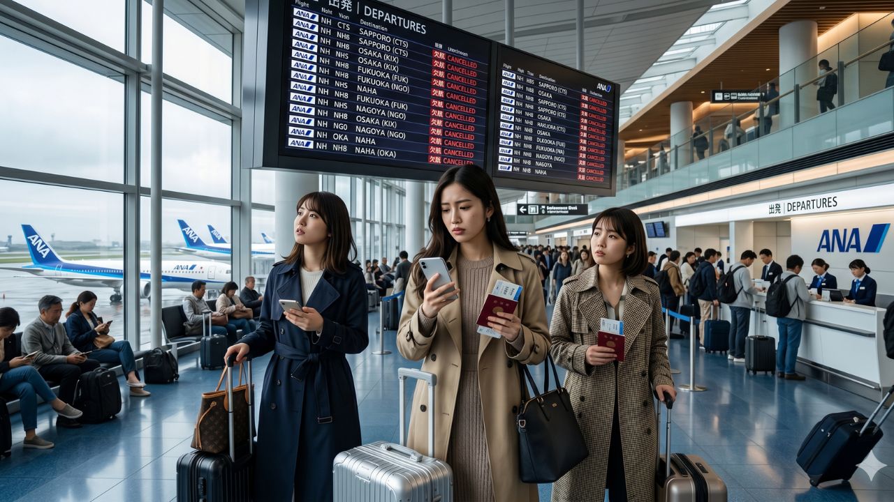 A highly chaotic scene at Tokyo Haneda Airport showing massive crowds of desperate passengers stranded by severe All Nippon Airways flight cancellations and cascading delays across the Japanese aviation network