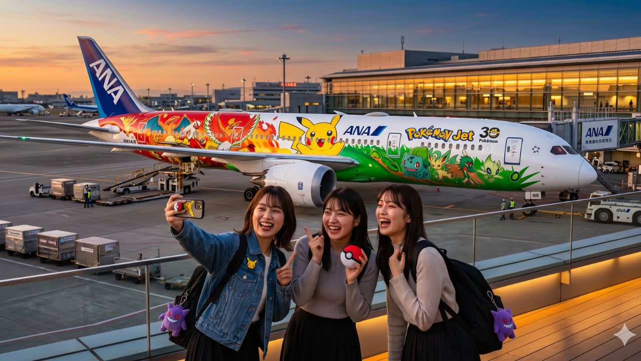 A stunningly detailed Boeing 787-8 adorned in a vibrant red Pokémon livery, towering over the tarmac at Tokyo Haneda as passengers enthusiastically prepare to board.
