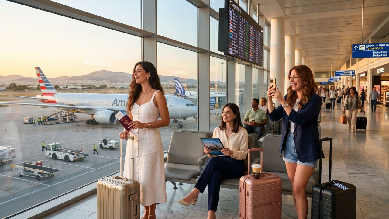 An American Airlines Boeing 777 soaring over the ancient ruins of Athens, providing a highly reliable and premium defense against global airport disruptions on its new route to Dallas Fort Worth
