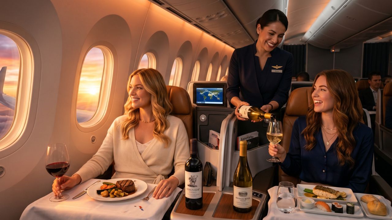 A premium glass of California wine served in American Airlines Flagship Business class, designed to relax passengers bypassing travel chaos and airport disruptions