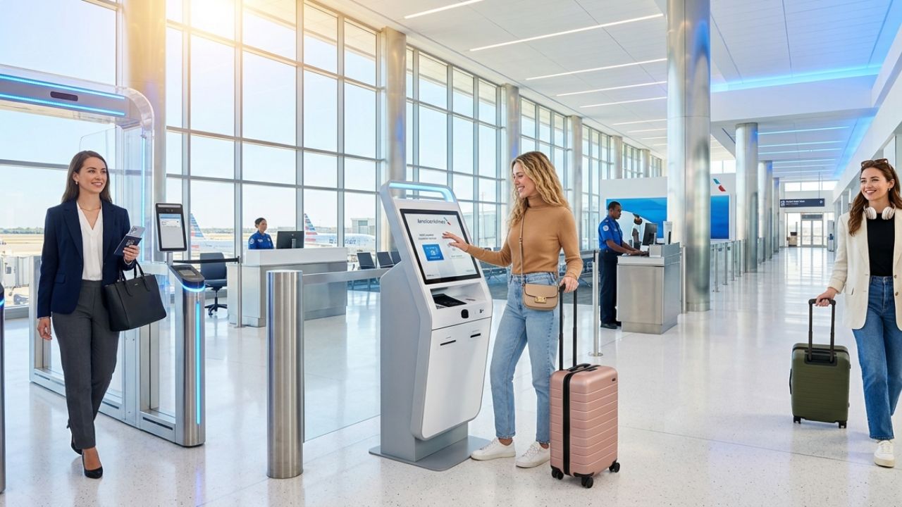 A highly advanced, touchless biometric security scanning checkpoint at Dallas Fort Worth International Airport, streamlining passenger flow for American Airlines