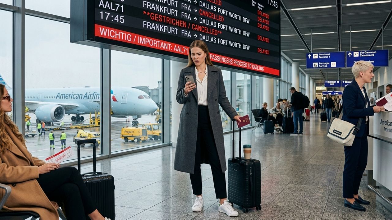 A highly congested Frankfurt Airport terminal experiencing severe passenger bottlenecks and massive travel chaos due to a sudden American Airlines flight cancellation