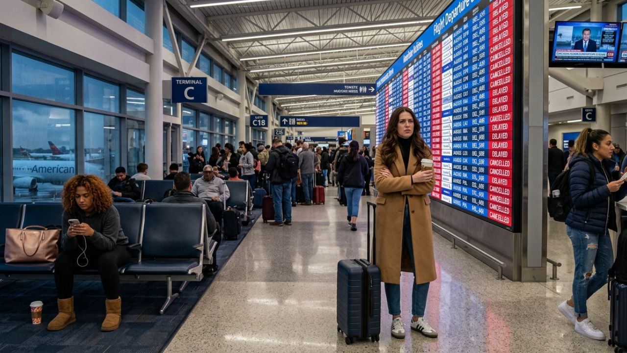 A highly congested Philadelphia International Airport terminal experiencing severe passenger bottlenecks and massive travel chaos due to widespread flight cancellations