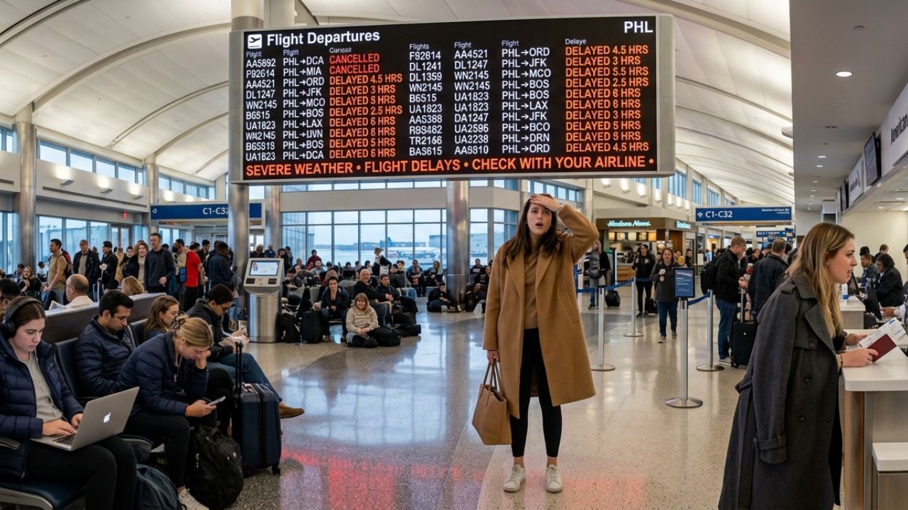 A highly congested Philadelphia International Airport terminal experiencing severe passenger bottlenecks and massive travel chaos due to widespread flight cancellations