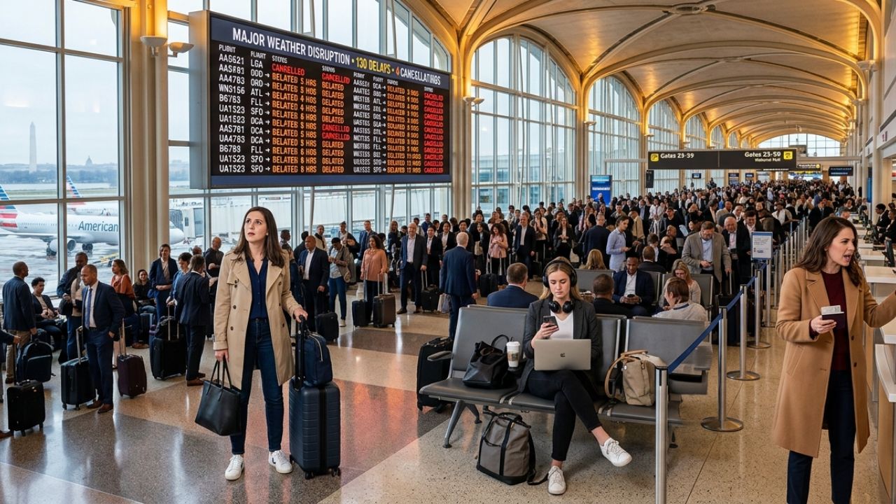 A highly congested Ronald Reagan Washington National Airport terminal experiencing severe passenger bottlenecks and massive travel chaos due to widespread flight cancellations