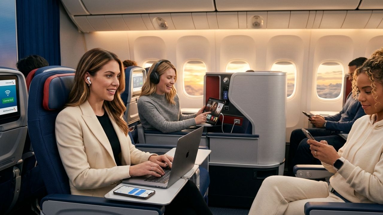A business traveler successfully working on a laptop via high-speed satellite internet inside an American Airlines cabin, bypassing the chaotic terminal disruptions happening below