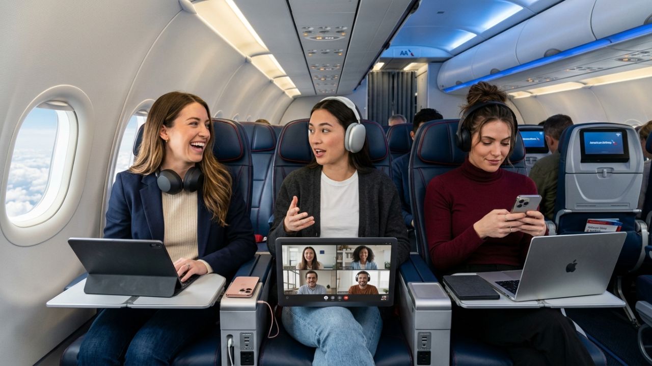 A business traveler successfully using high-speed Starlink internet on an American Airlines flight during widespread travel chaos