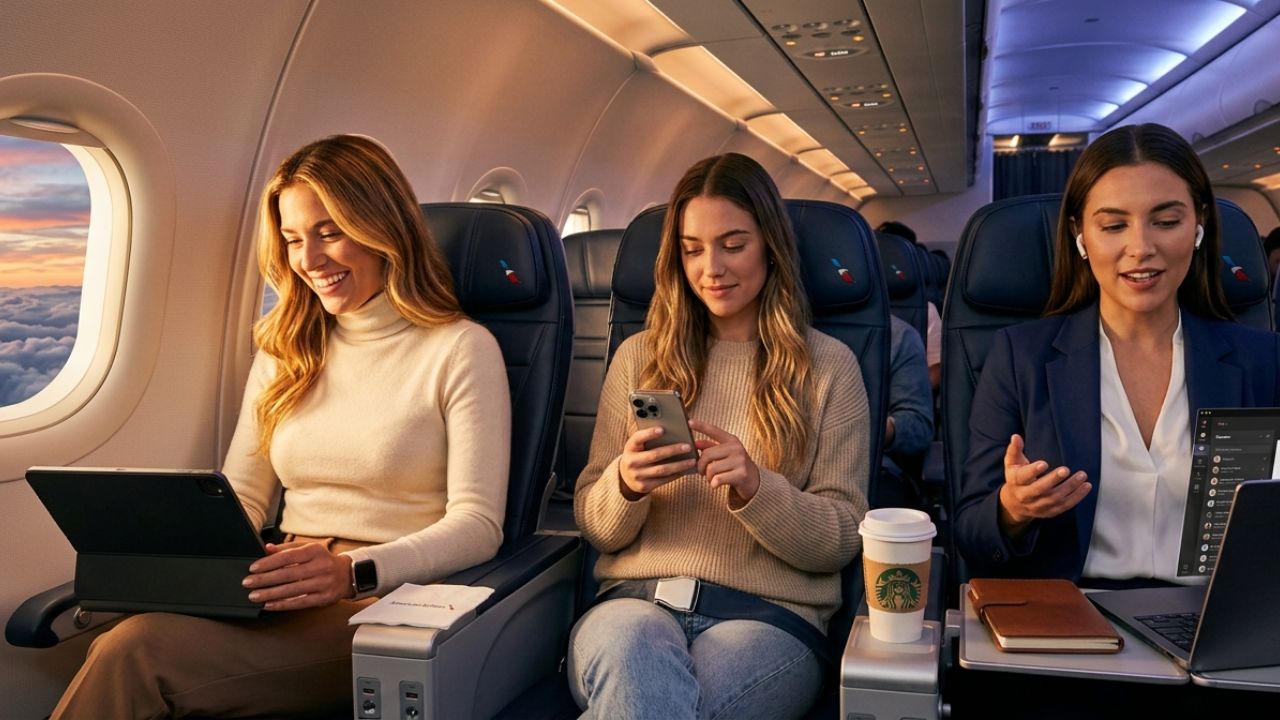 A traveler successfully utilizing high-speed Starlink internet on an American Airlines Airbus jet during a massive wave of travel chaos