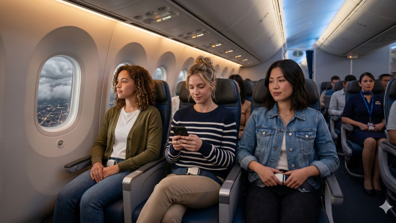 A highly chaotic scene inside an American Airlines cabin showing passengers and crew reacting to severe turbulence as flight attendants are forced to halt service