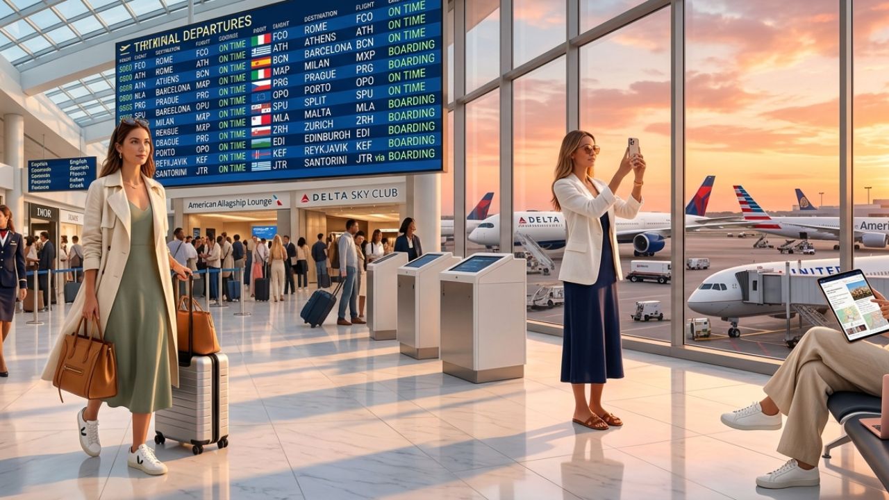 A highly congested European airport terminal experiencing severe passenger bottlenecks while new direct US flights offer travelers a way to bypass massive travel chaos