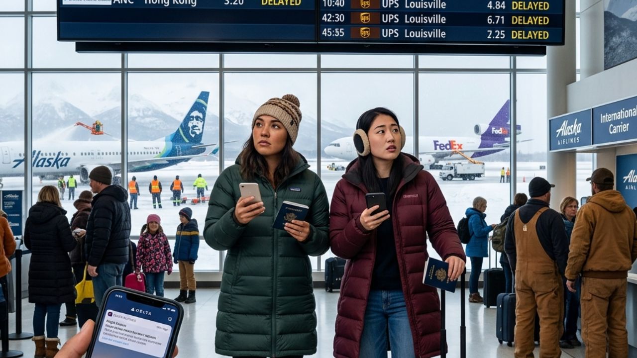 A highly chaotic scene on the icy tarmac at Ted Stevens Anchorage International Airport showing massive delayed cargo freighters from Asia gridlocked next to grounded regional passenger aircraft