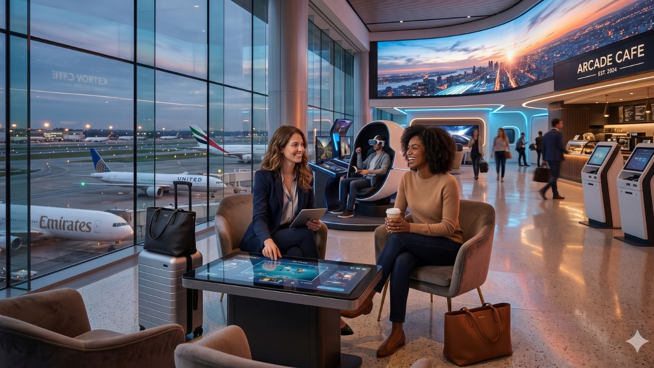A highly futuristic airport lounge in Maryland featuring massive interactive gaming screens, digital sports simulators, and relaxed travelers enjoying immersive entertainment during their layovers