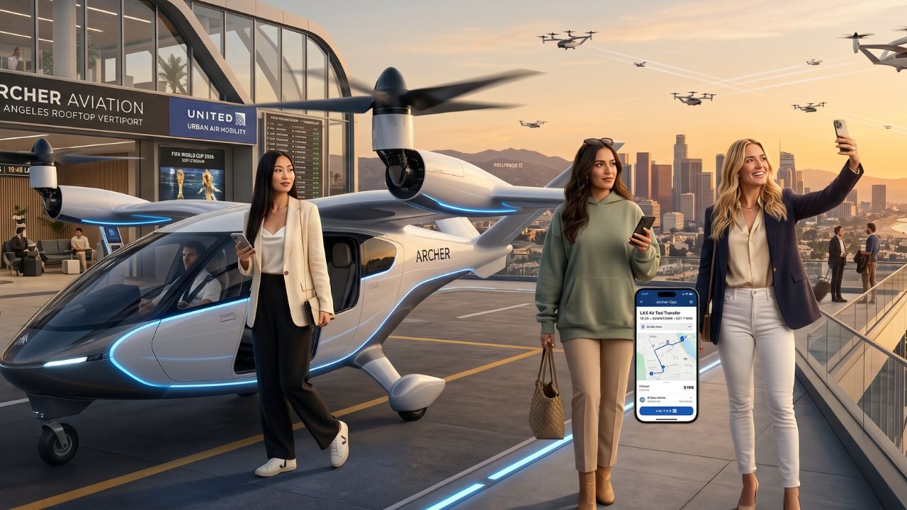 An Archer Aviation Midnight air taxi soaring over Los Angeles traffic, heavily utilized to bypass severe travel chaos and airport disruptions near LAX