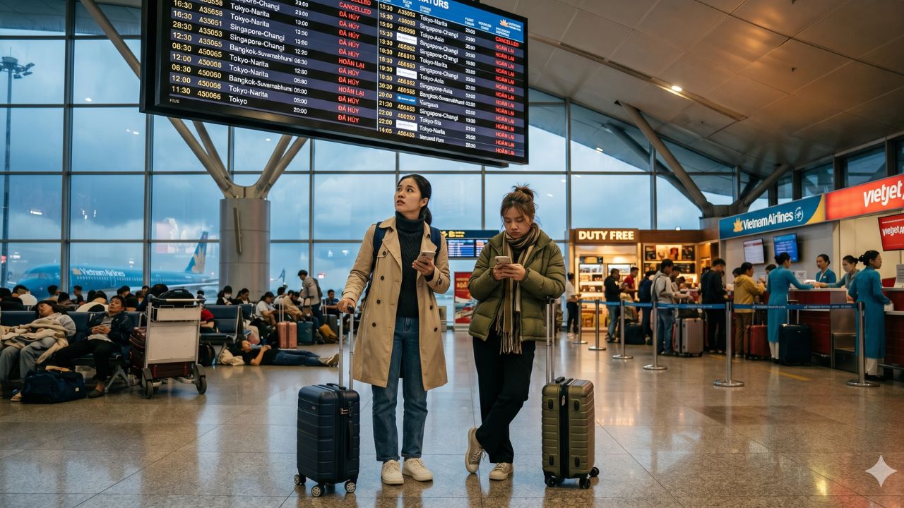 A completely overwhelmed departure terminal in Tokyo Haneda Airport filled with stranded passengers aggressively demanding answers as red 'Delayed' statuses dominate the massive flight boards.