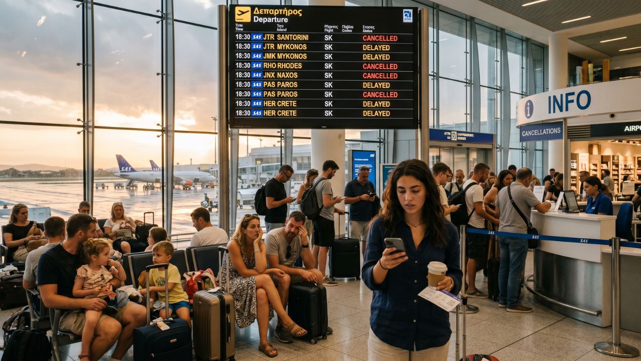 A highly congested terminal at Athens International Airport filled with stranded travelers viewing a departure board displaying SAS Airlines flight cancellations to Greek islands