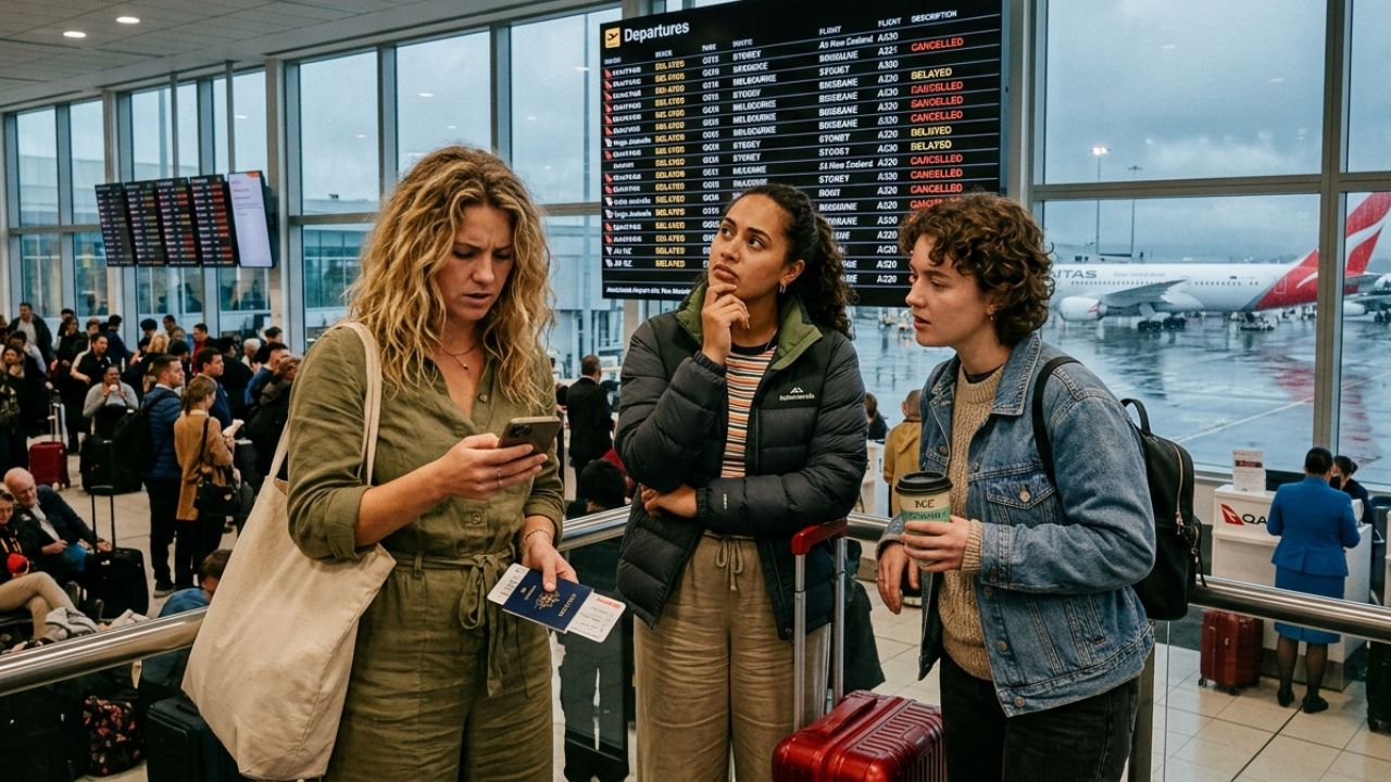 A highly congested Sydney Airport terminal displaying multiple red flight cancellations on the departure board as stranded passengers crowd the Qantas and Jetstar counters